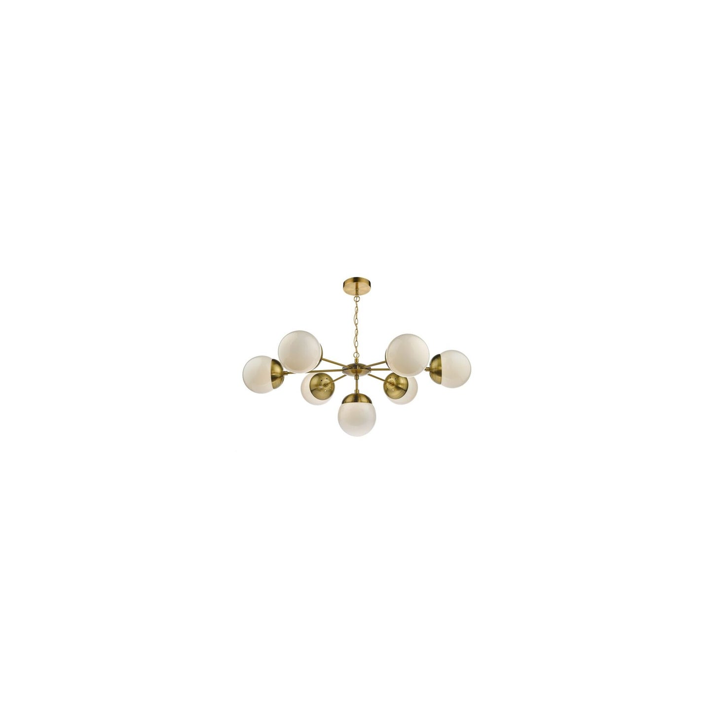 Bombazine 7-Light Pendant in Natural Brass with White Opal Glass