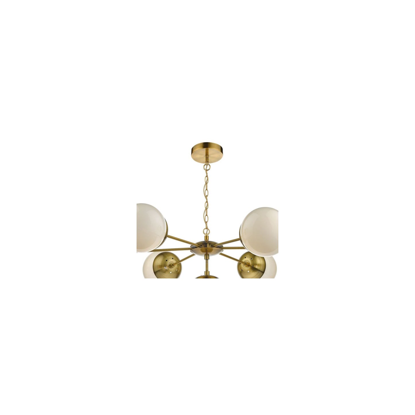 Bombazine 7-Light Pendant in Natural Brass with White Opal Glass