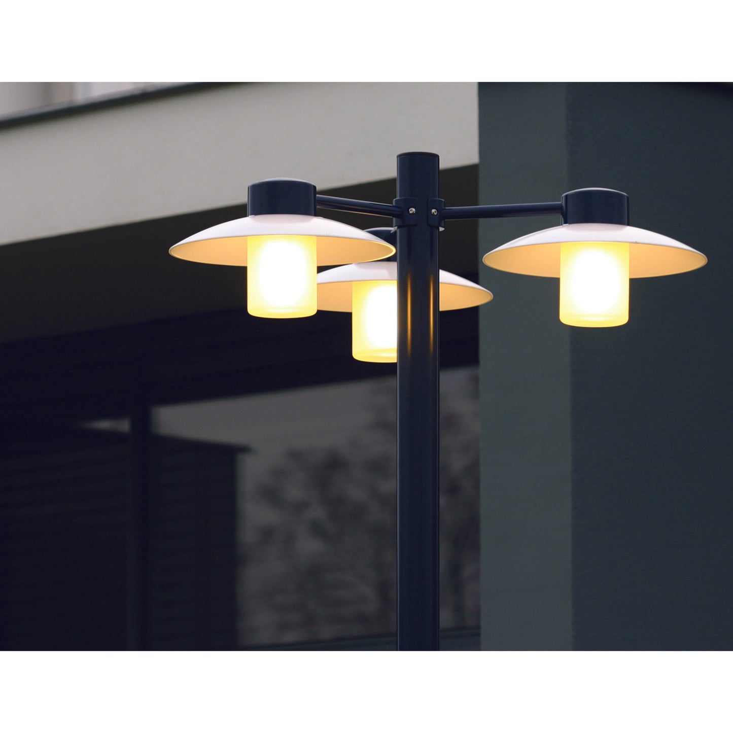 Aubanne Large Three-Arm Frosted Glass Lamp Post with Opal Polycarbonate Reflector