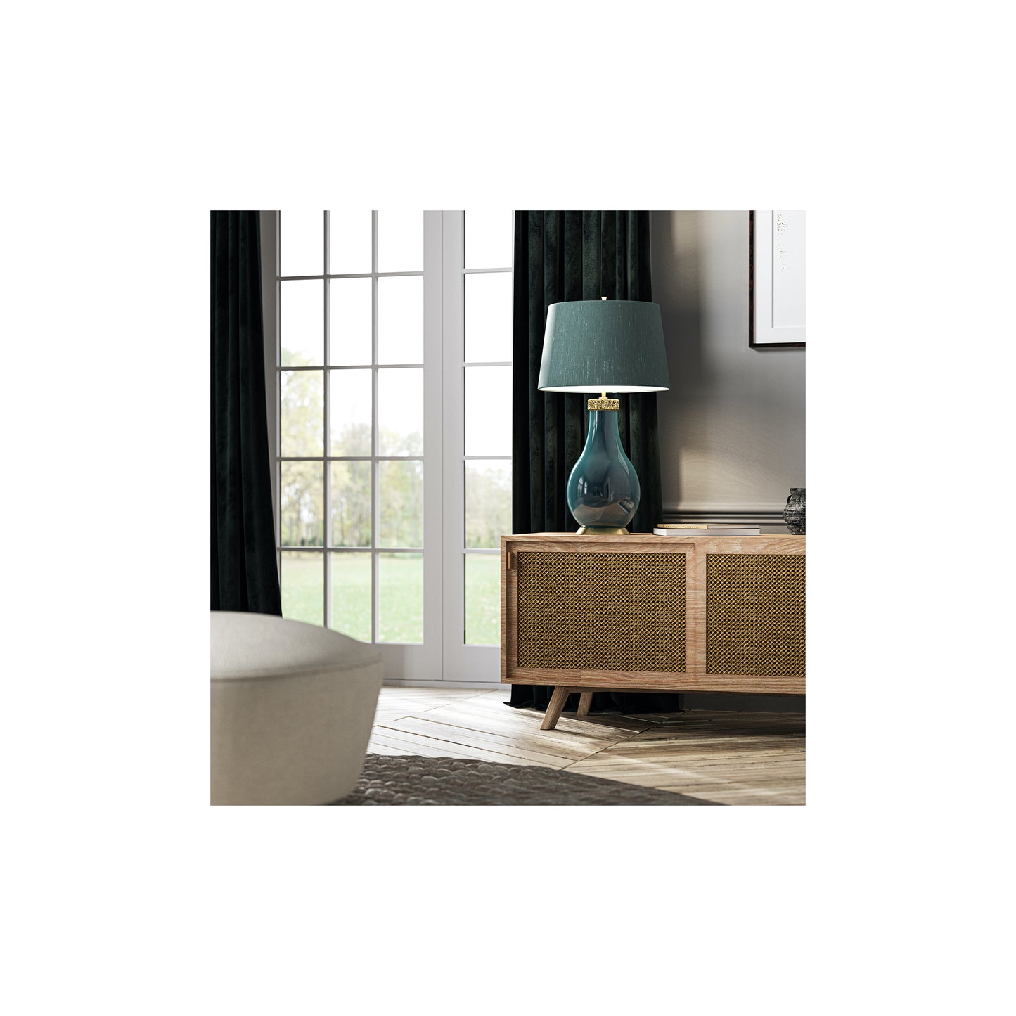 Havering 1-Light Table Lamp in Azure-Turquoise & Aged Brass
