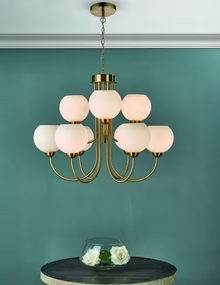 Indra 9-Light Chandelier Natural Brass with Opal Glass