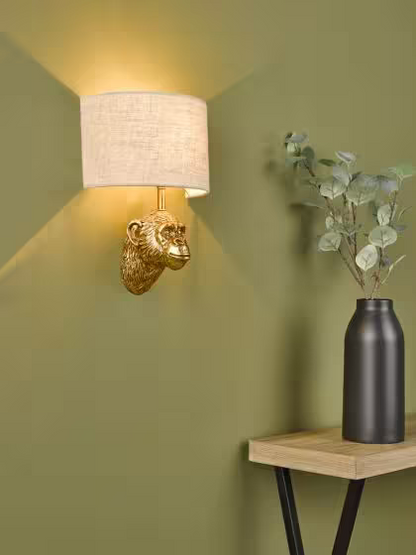 Raul Monkey Wall Light Gold with Natural Linen Shade