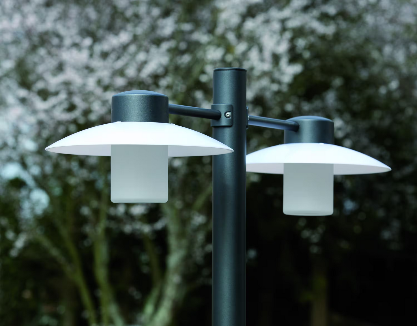 Aubanne Large Double Arm Frosted Glass Lamp Post with Opal Polycarbonate Reflector