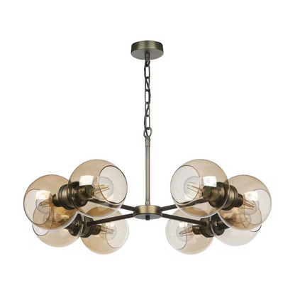 Juno 8 Light Pendant in Antique Brass / Amber glass