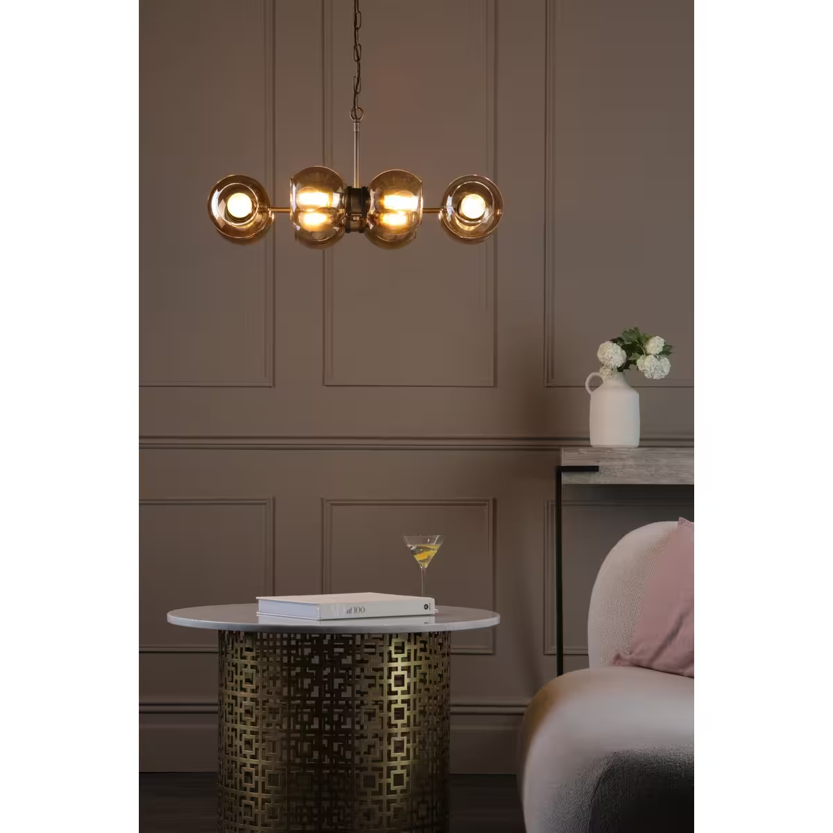 Juno 8 Light Pendant in Antique Brass / Amber glass
