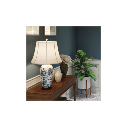 Blue Traditional 1-Light Table Lamp in Blue and White with Cream Shade