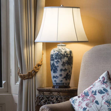 Blue Traditional 1-Light Table Lamp in Blue and White with Cream Shade