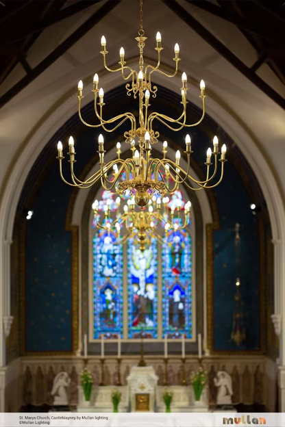 Flemish 32-Light Candle-Style Brass Three-Tier Chandelier