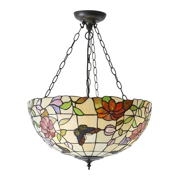 Interiors 1900 Butterfly 3-Light Large Inverted Pendant with Tiffany Glass
